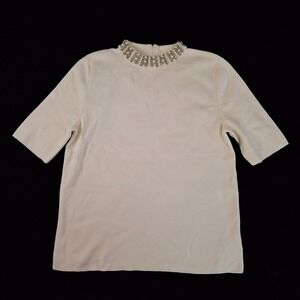 Talbots Womens Large Cream Pearl Rhinestone Mock Neck Short Sleeve Knit Top NWT